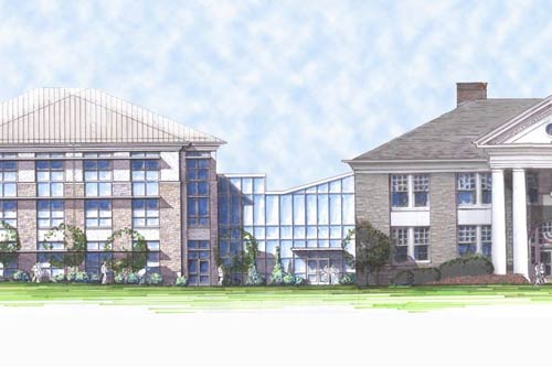 A hand drawn look at the architectural hyphen of the new Harrisonburg City Hall, Harrisonburg, VA. This is the glass atrium area that connects the old building to the new building.