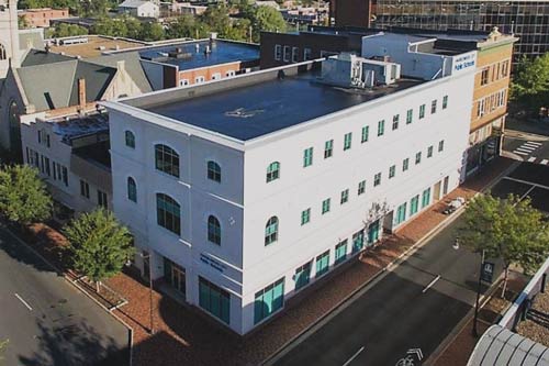 An aerial view of the Harrisonburg City Schools building in Harrisonburg, VA.