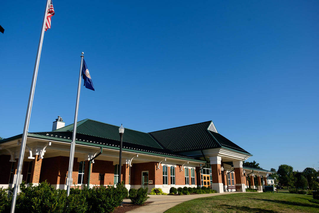 The new entrance to Harrisonburg City Hall, Harrisonburg, VA, at dusk.
