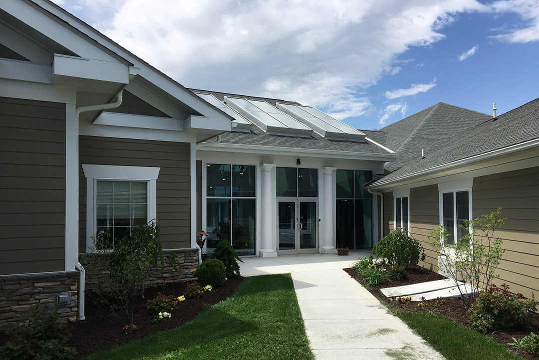 The new entrance to Harrisonburg City Hall, Harrisonburg, VA, at dusk.