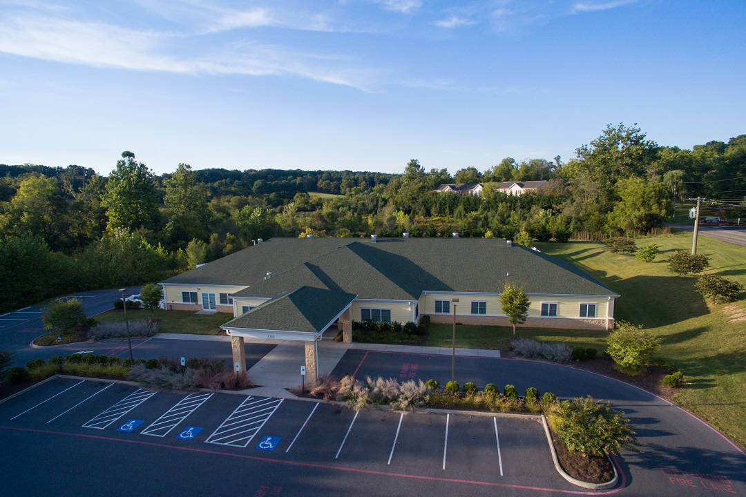The new entrance to Harrisonburg City Hall, Harrisonburg, VA, at dusk.