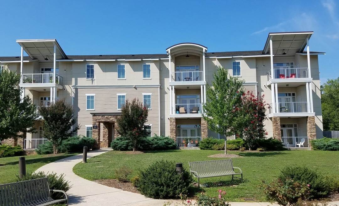 The new entrance to Harrisonburg City Hall, Harrisonburg, VA, at dusk.