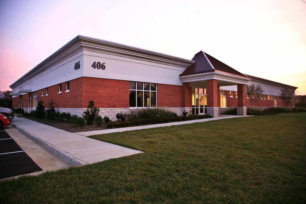 The new entrance to Harrisonburg City Hall, Harrisonburg, VA, at dusk.